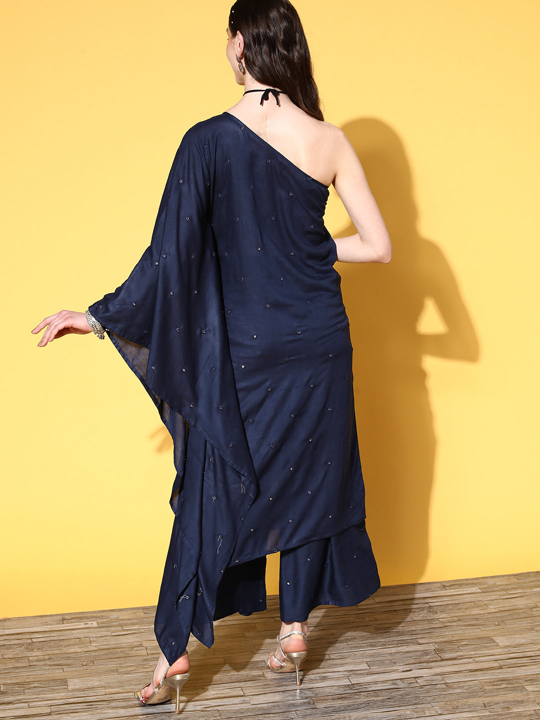 InWeave Women's Navy Mirror Work One Shoulder Kurta Set - Distacart