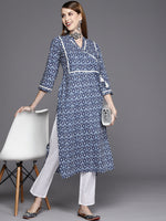 Thumbnail for Varanga Women Indigo Printed Kurta With Lace And Tie Up Detailing On Yoke - Distacart
