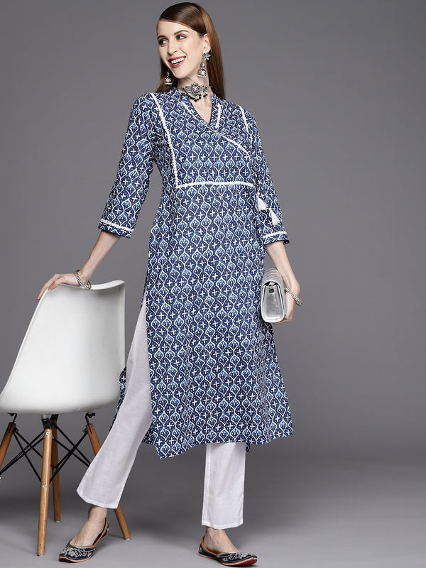 Varanga Women Indigo Printed Kurta With Lace And Tie Up Detailing On Yoke - Distacart
