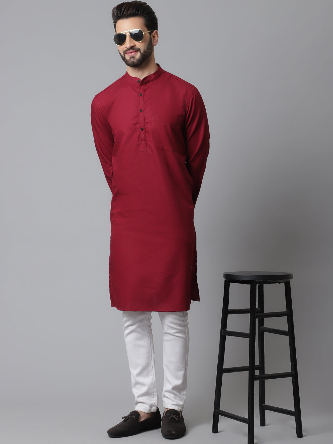 Even Apparels Maroon Pure Cotton Kurta With Band Collar - Distacart
