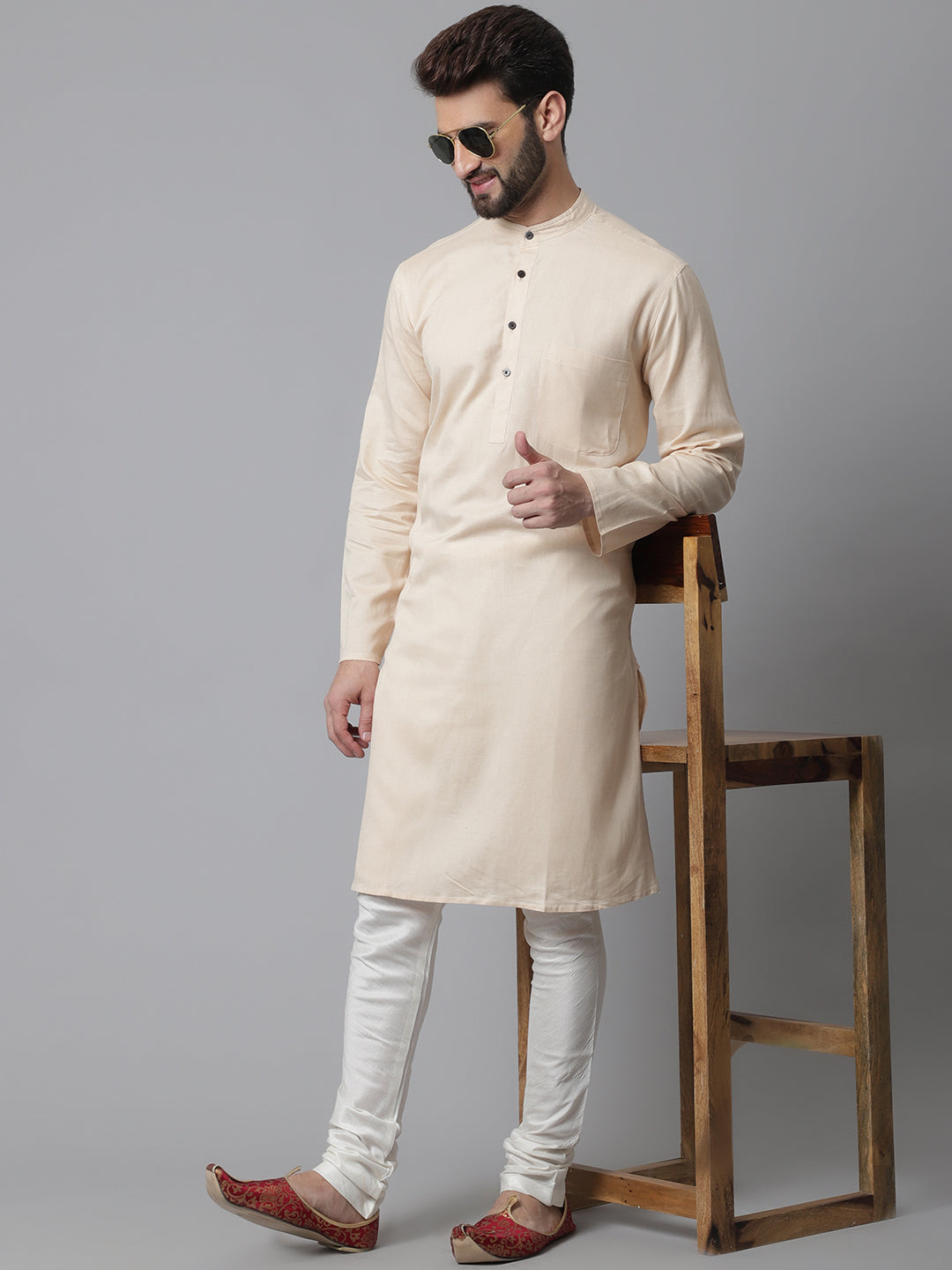 Even Apparels Cream Pure Cotton Kurta With Band Collar - Distacart