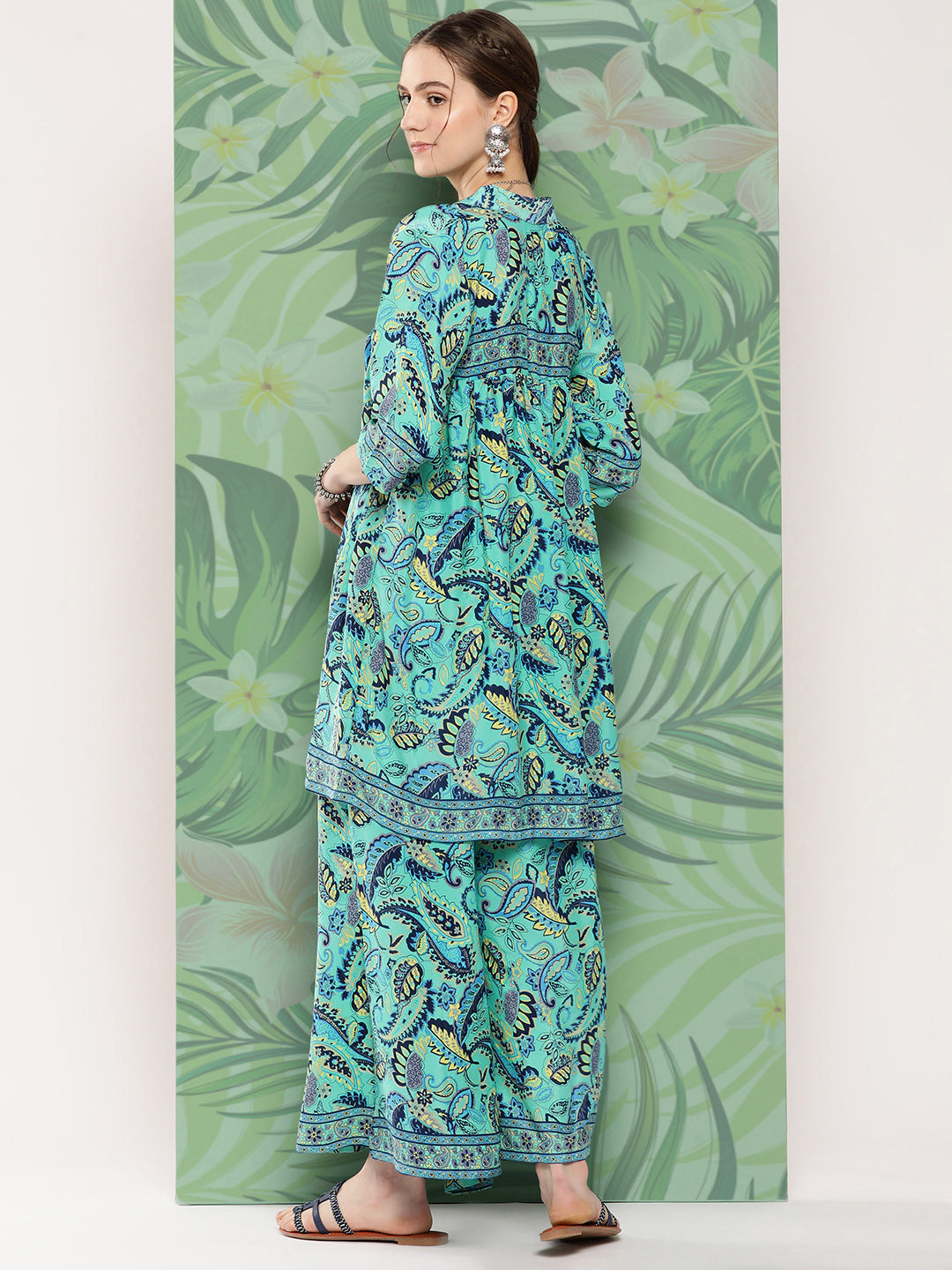 InWeave Women's Turquoise Blue Camelia Printed Ethnic Kurta Set - Distacart