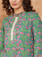 Thumbnail for InWeave Women's Sea Green Pink Lace Gota Work Straight Kurta - Distacart