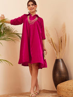 Thumbnail for InWeave Women's Fuchsia Velvet Collared Neck Flared Midi Dress - Distacart