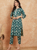 Thumbnail for InWeave Women's Peacock Blue Ikkat Print Gota Work Straight Kurta Pant Set - Distacart