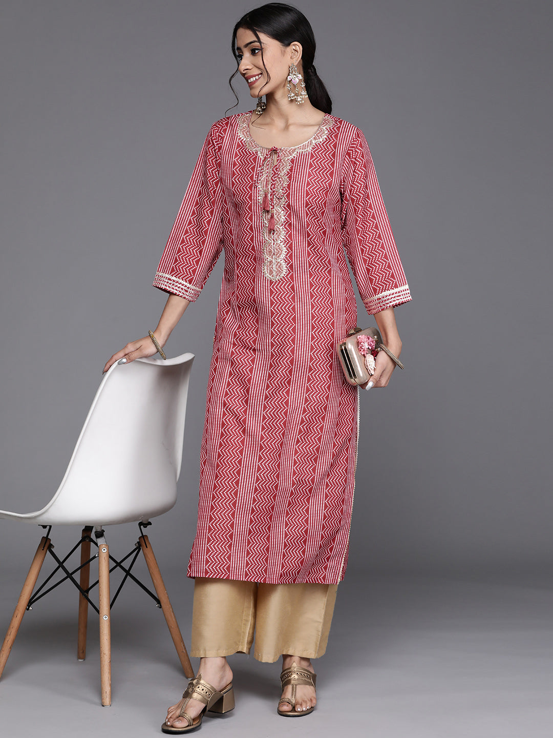 Varanga Women Red & Beige Bandhani Printed Indie Prints Kurta - Distacart