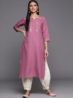Thumbnail for Varanga Mauve Embroidered Straight Kurta With Round Neck - Distacart