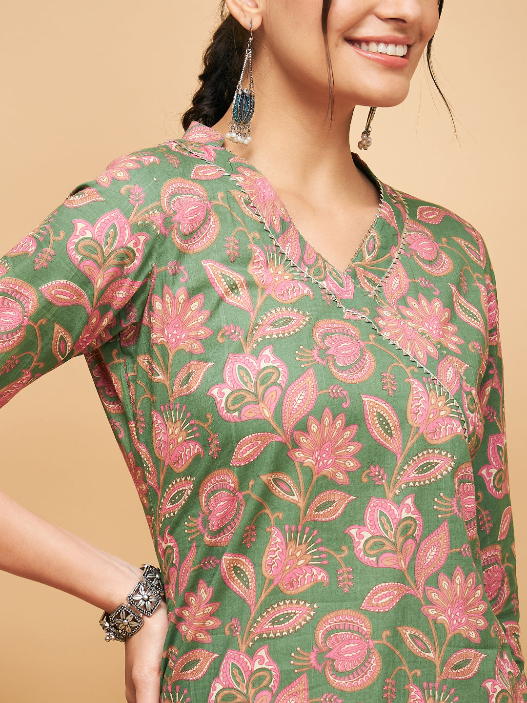 InWeave Women's Green Pink Floral Angrakha Straight Kurta - Distacart