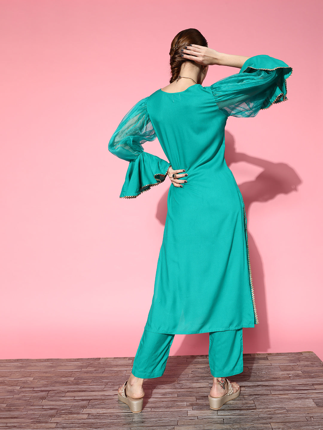 InWeave Women's Aqua Organza Sleeve Gota Work Kurta Set - Distacart