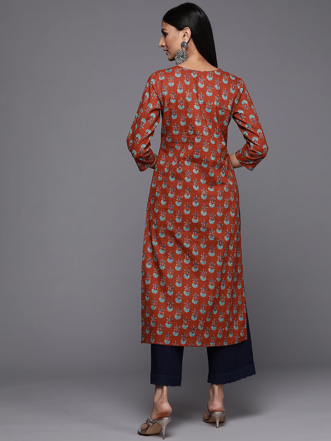 Varanga Rust Floral Printed Straight Kurta With Hand Work Detailigs - Distacart