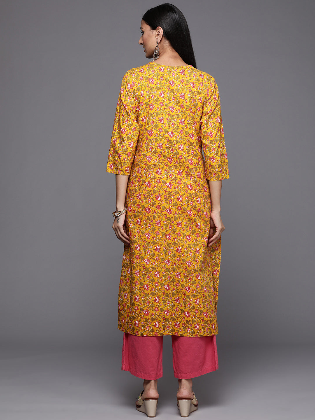 Varanga Mustard Floral Printed Kurta With Embroidered Neckline - Distacart
