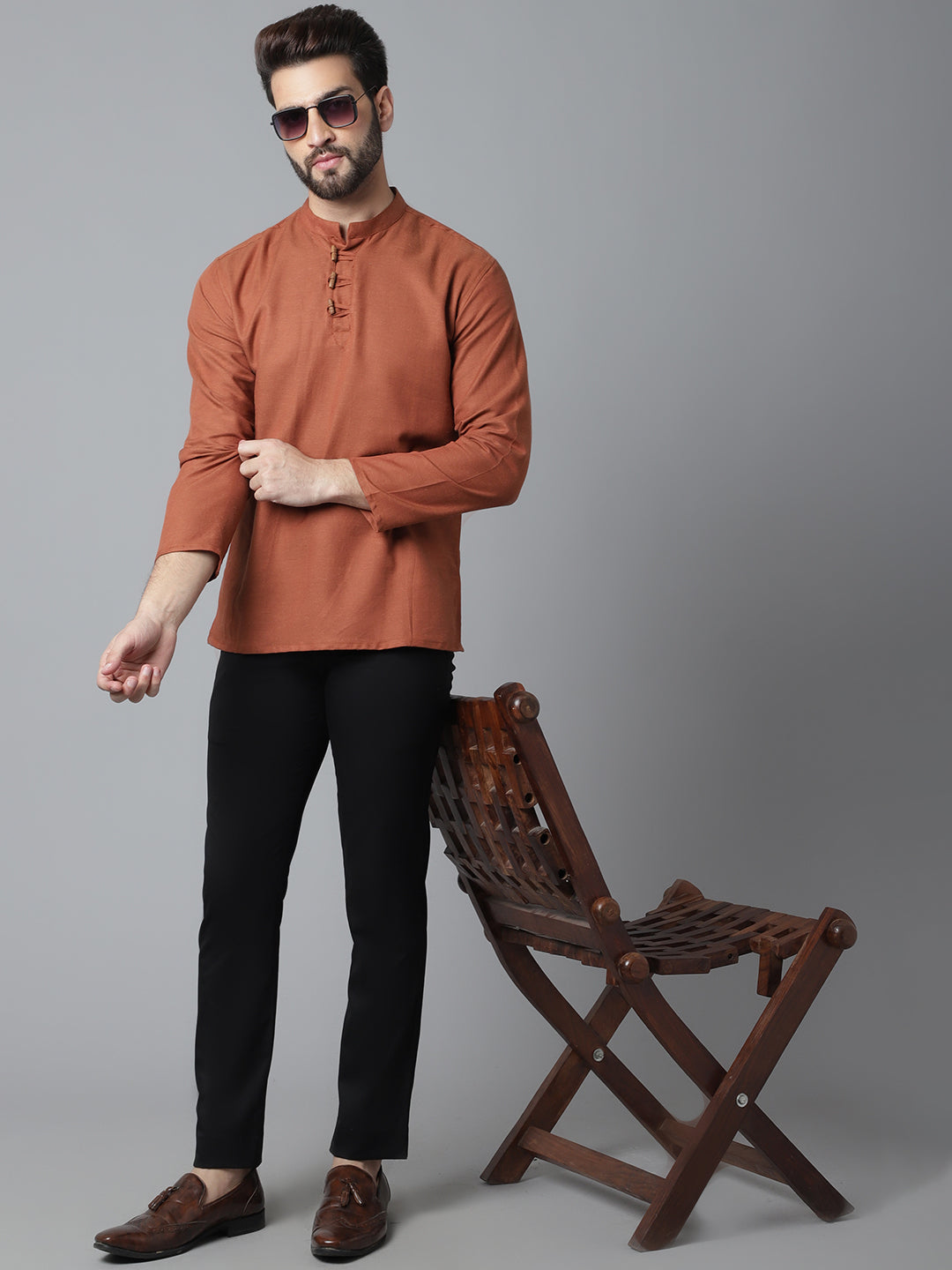 Even Apparels Rust Pure Cotton Kurta With Band Collar - Distacart