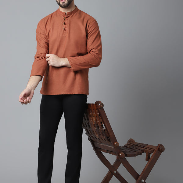 Even Apparels Rust Pure Cotton Kurta With Band Collar - Distacart