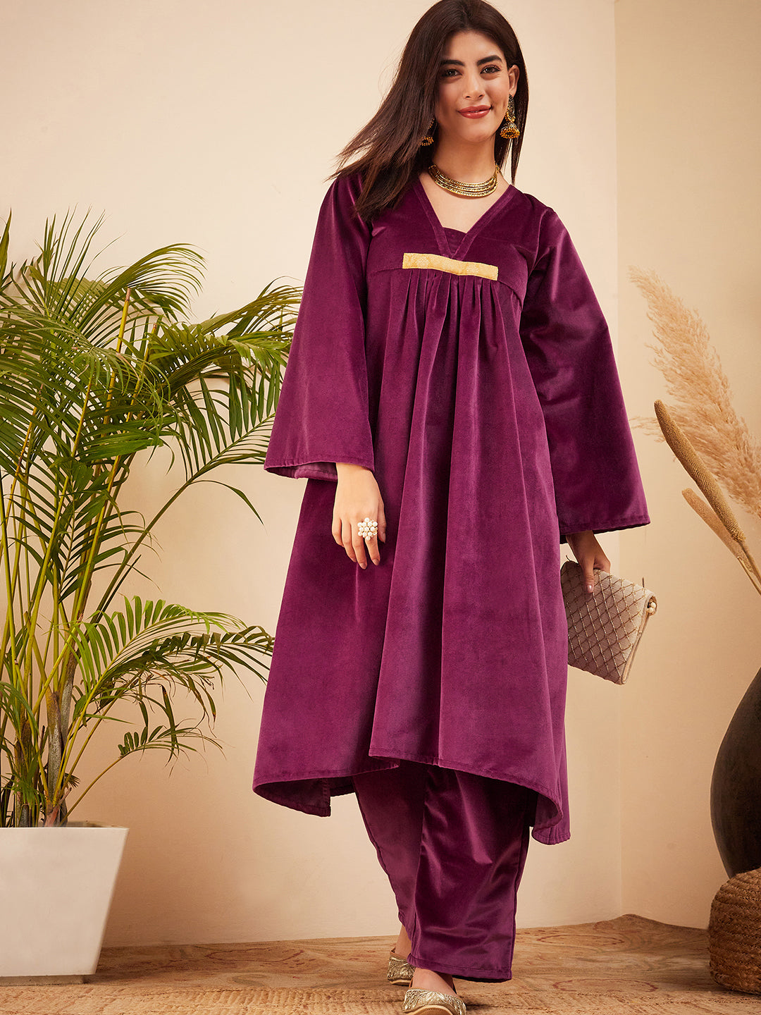 InWeave Women's Wine V Neck Asymmetrical Pleated Velvet Kurta Set - Distacart