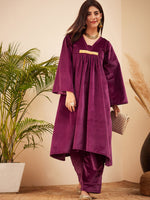 Thumbnail for InWeave Women's Wine V Neck Asymmetrical Pleated Velvet Kurta Set - Distacart