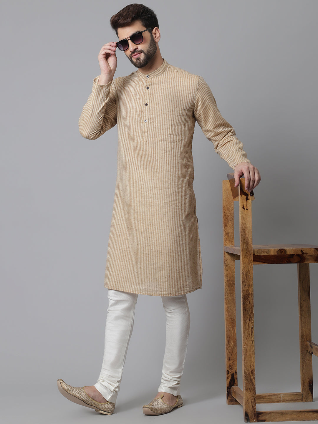 Even Apparels Beige Solid Kurta With Band Collar - Distacart