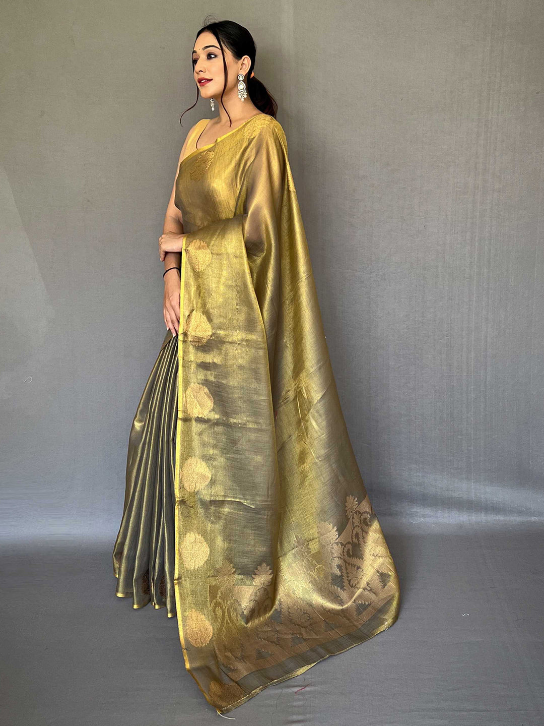 Mitera Gold-Toned Woven Design Zari Tissue Saree - Distacart