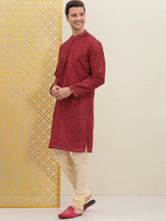 Thumbnail for House of Pataudi Men Red Embroidered Jashn Straight Kurta - Distacart