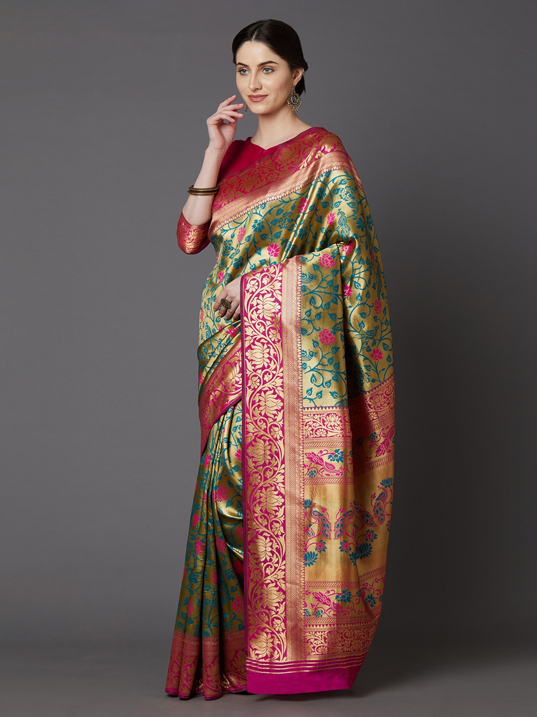 Mitera Green & Blue Silk Blend Woven Design Banarasi Saree - Distacart