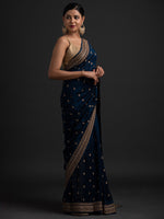 Thumbnail for Koskii Blue & Gold-Toned Embellished Embroidered Art Silk Saree - Distacart