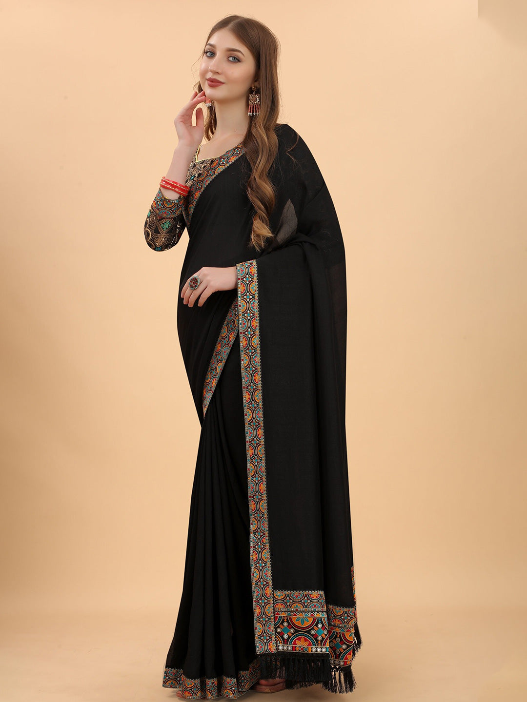 Mitera Black & Orange Pure Silk Saree - Distacart
