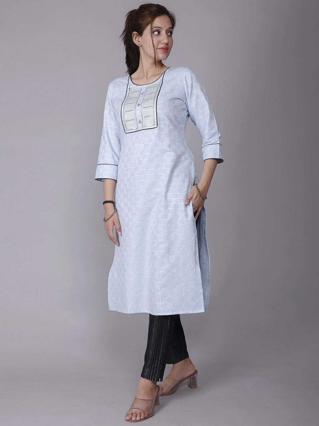 HERE&NOW Women Blue Yoke Design Pure Cotton Thread Work Kurta - Distacart