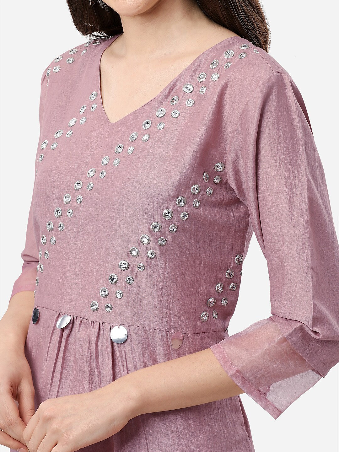 HERE&NOW Women Mauve Embroidered Pleated Mirror Work Kurta with Trousers - Distacart