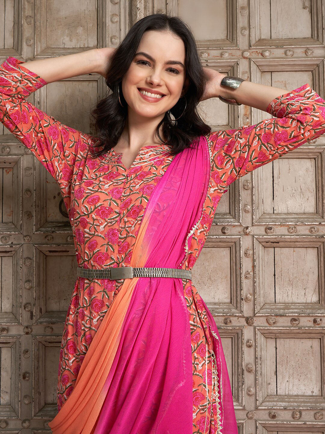 Sangria Floral Printed Gotta Patti Pure Cotton Straight Kurta with Trousers & Dupatta - Distacart