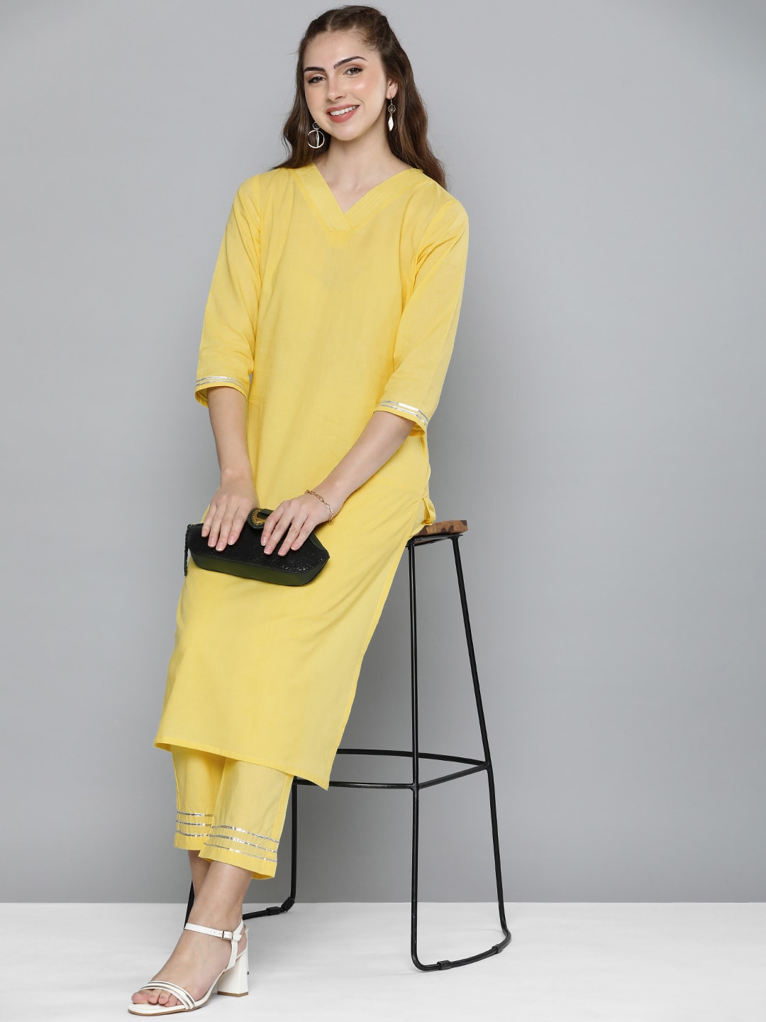 HERE&NOW Women Regular Gotta Patti Pure Cotton Kurta with Trousers - Distacart