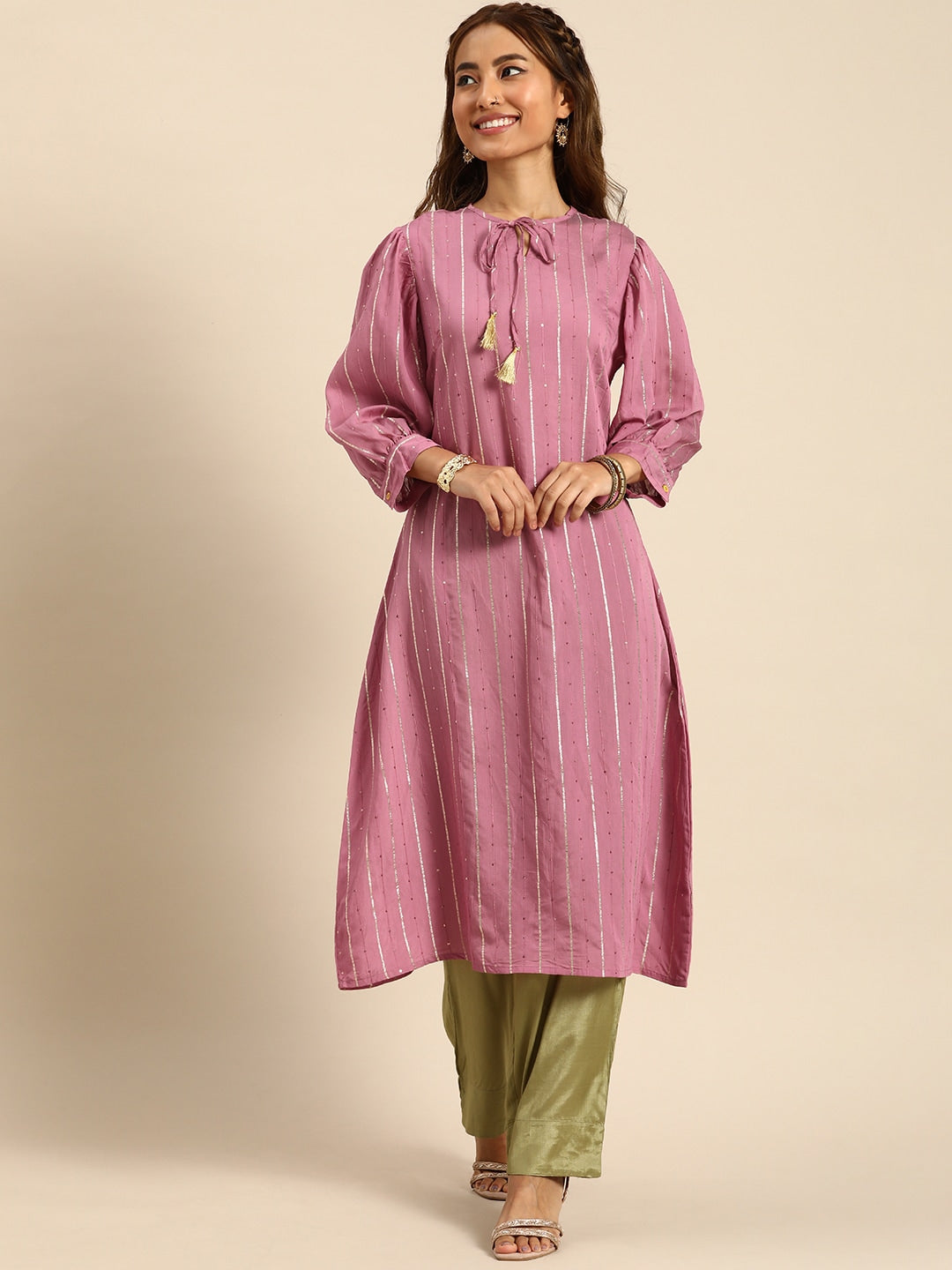 Sangria Women Tie-Up Neck Jacquard Sequinned Chanderi Silk Kurta - Distacart