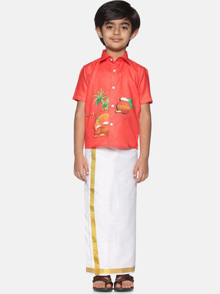 Sethukrishna Boys Red & White Printed Shirt with Dhoti - Distacart