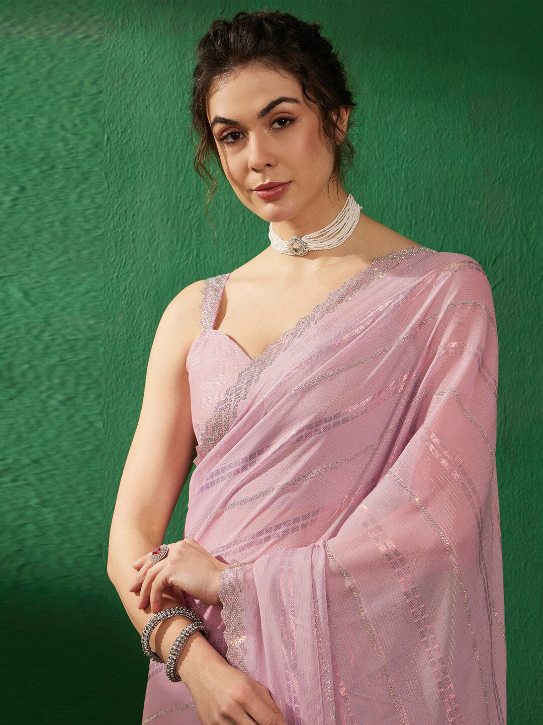 Sangria Striped Embellished Saree - Distacart