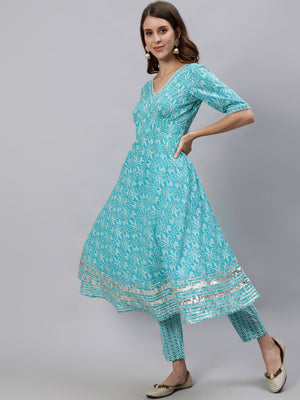 Jaipur Kurti Women Turquoise Blue Floral Printed Regular Kurta With Trousers & Dupatta - Distacart