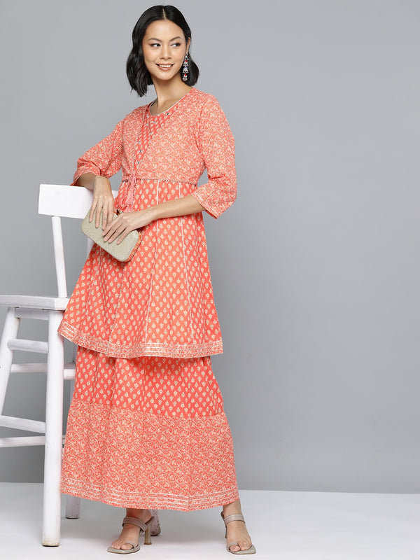 HERE&NOW Ethnic Motifs Print High Slit Cotton Kurta with Sharara - Distacart