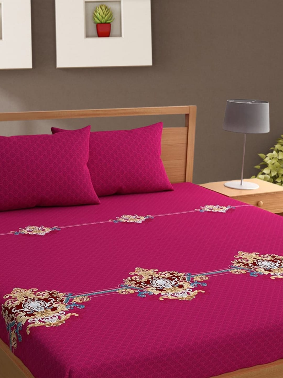 Bajo's Pink & Cream-Coloured Printed Cotton 210 TC King Bedsheet with 2 Pillow Covers - Distacart