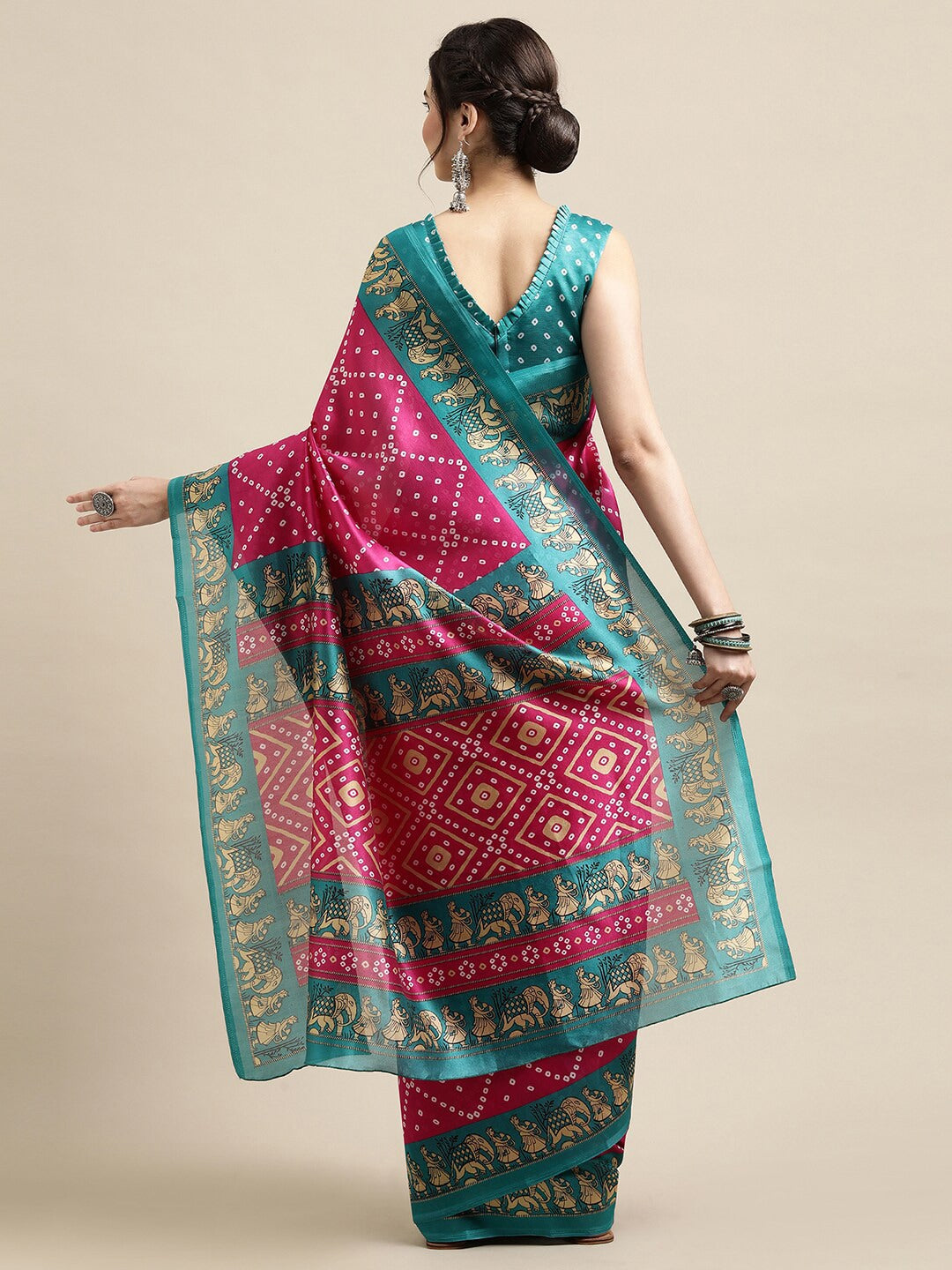 Saree Mall Pink & Teal Bandhani Printed Saree - Distacart