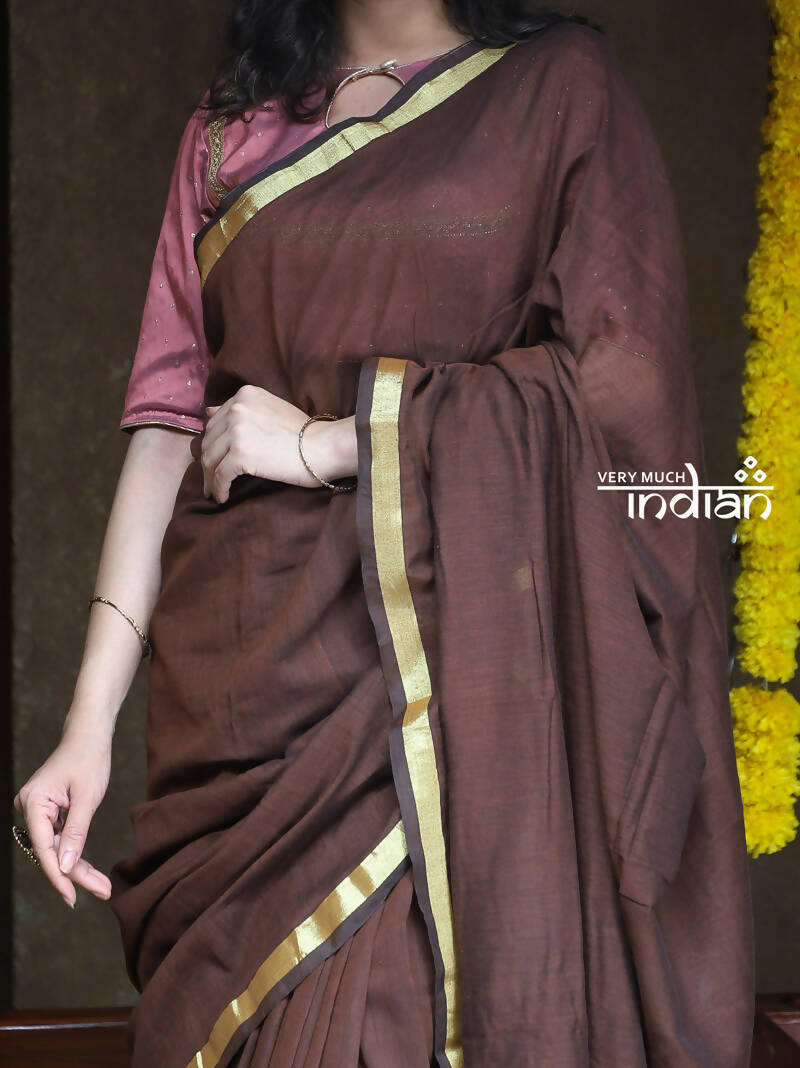 Very Much Indian Saadgi Pure Cotton Handloom Sarees - Brown - Distacart