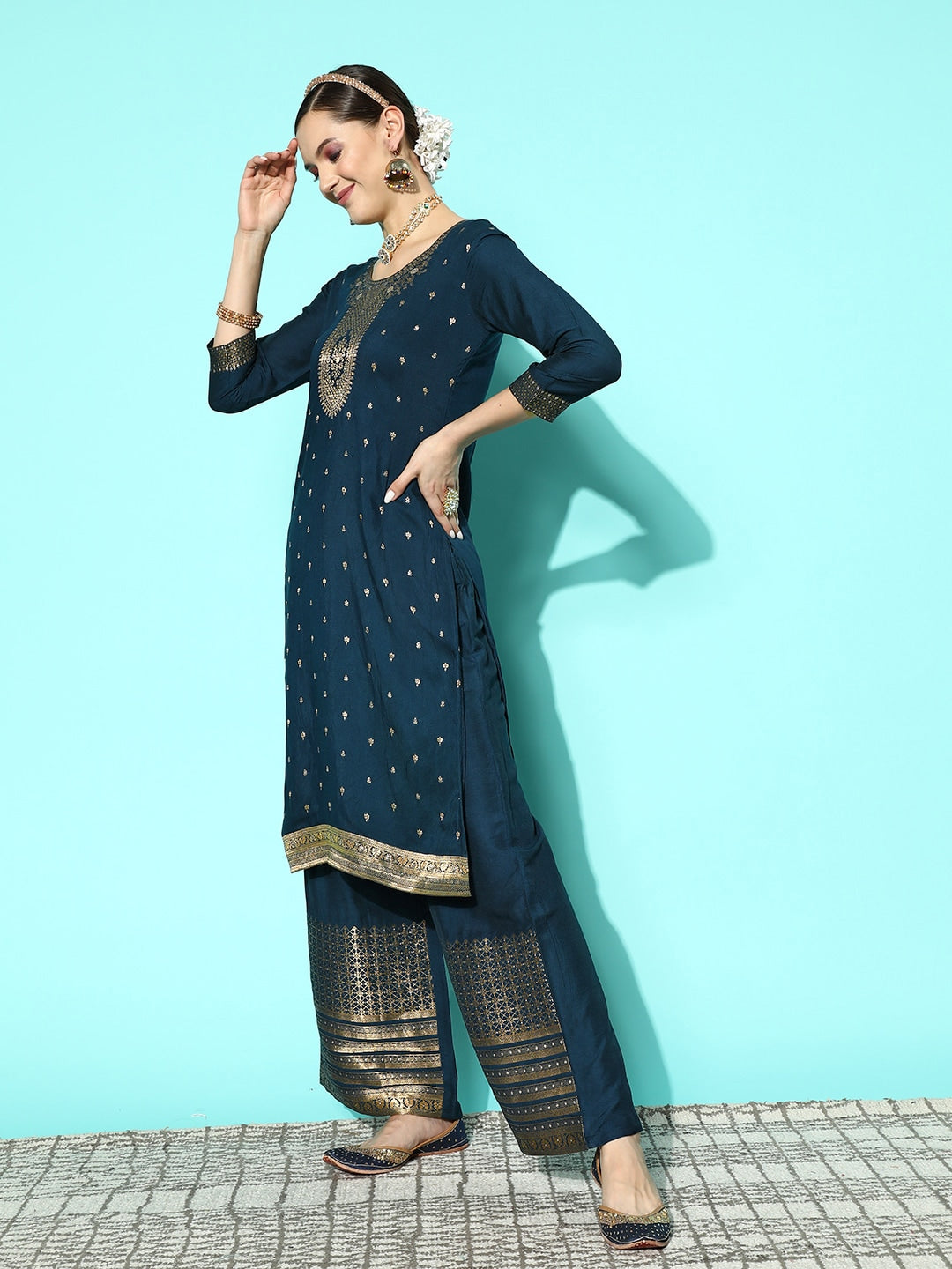 Sangria Women Floral Yoke Design Regular Kurta with Palazzos & With Dupatta - Distacart