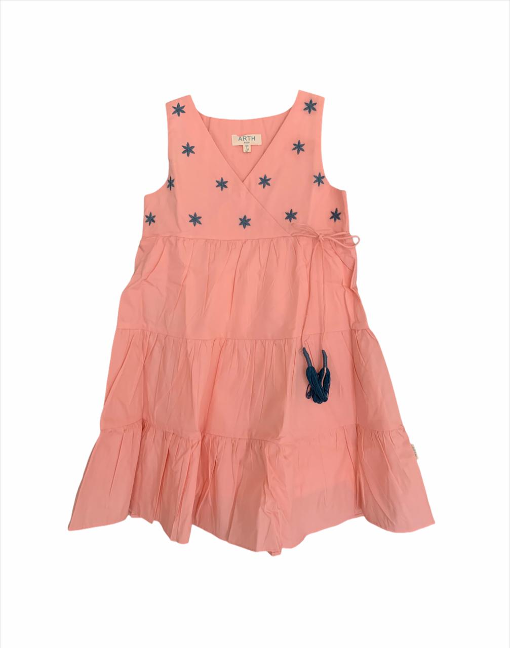 ArthLife Peach Flower Embroidered Tiered Dress - Distacart