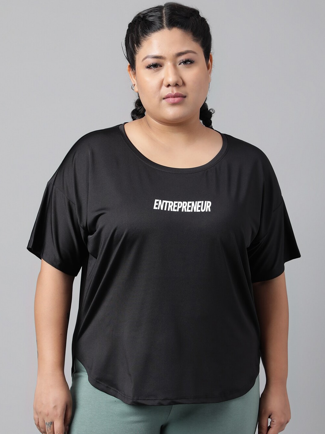 MKH Women Plus Size Typography Printed Drop shoulder Sleeves Dri-FIT Relaxed Fit T-shirt - Distacart