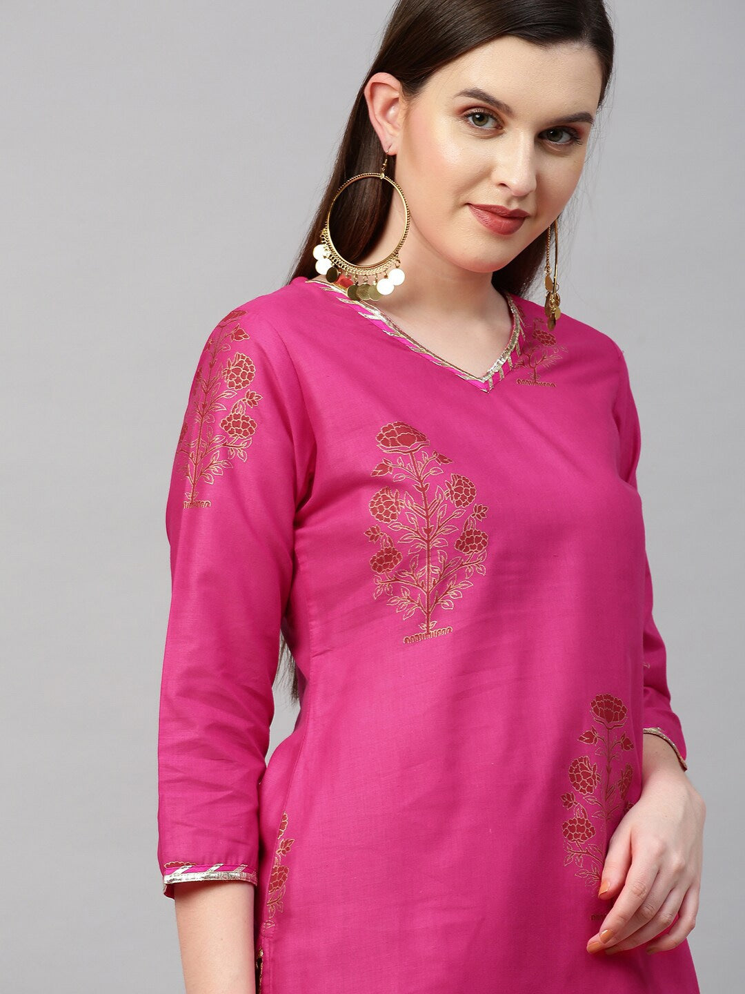 Kalini Women Pink Floral Printed Gotta Patti Kurta with Trousers & With Dupatta - Distacart