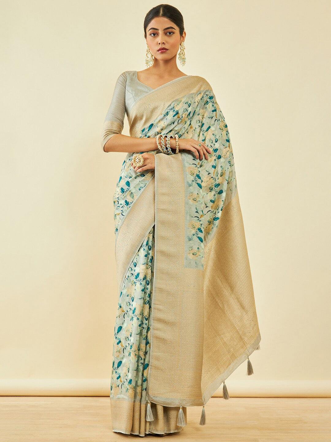 Soch Floral Printed Zari Tussar Saree - Distacart