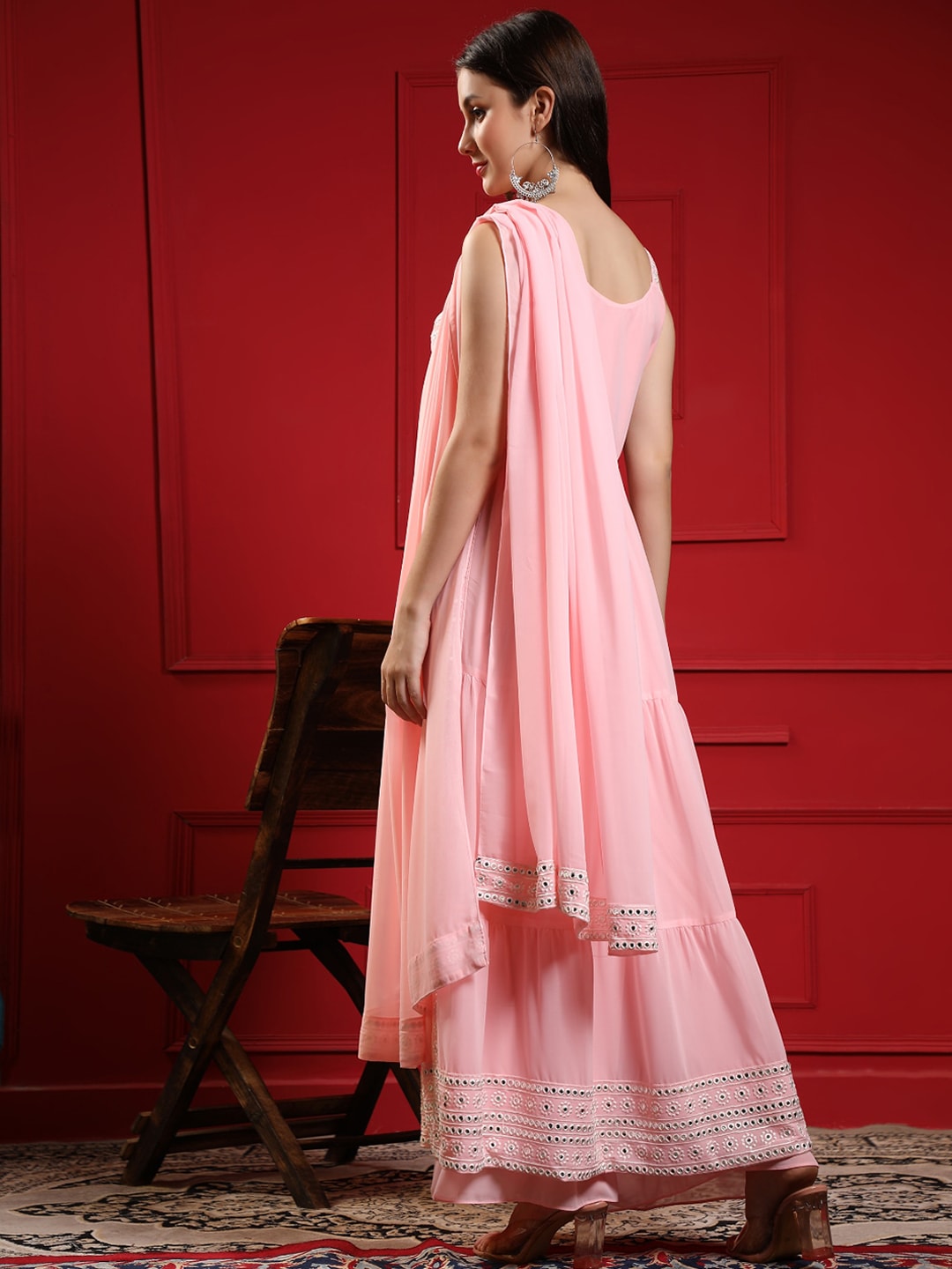 Kalini Women Pink Floral Embroidered Pleated Mirror Work Kurta with Sharara & With Dupatta - Distacart