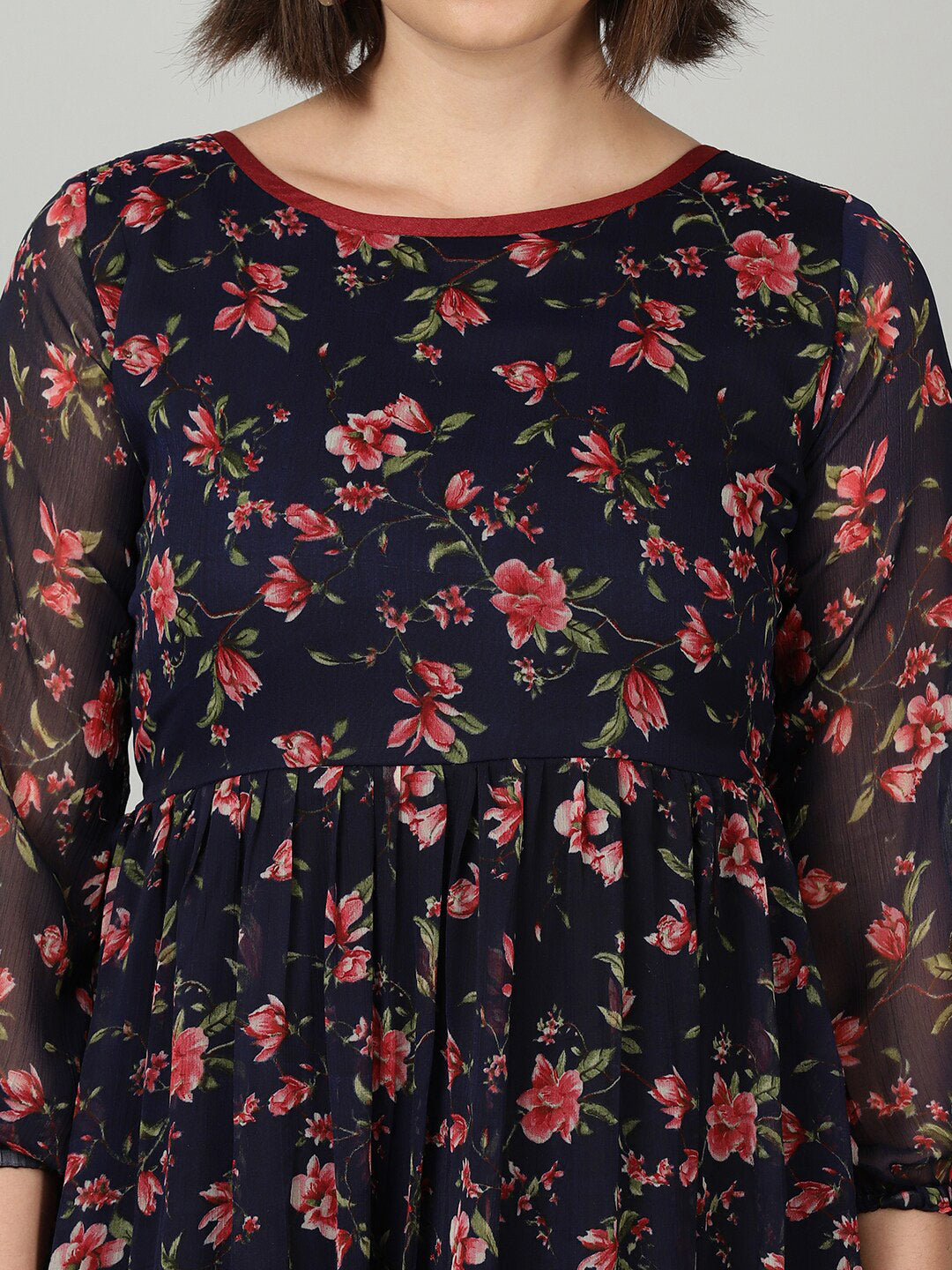 Souchii Women Navy Blue & Red Floral Chiffon A-Line Tiered Dress - Distacart