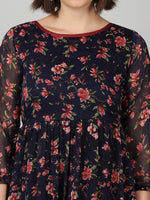 Thumbnail for Souchii Women Navy Blue & Red Floral Chiffon A-Line Tiered Dress - Distacart