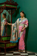 Thumbnail for Vishnu Weaves Women's Baby Pink Paithani Silk Zari Woven Saree with Unstitched Blouse - Distacart
