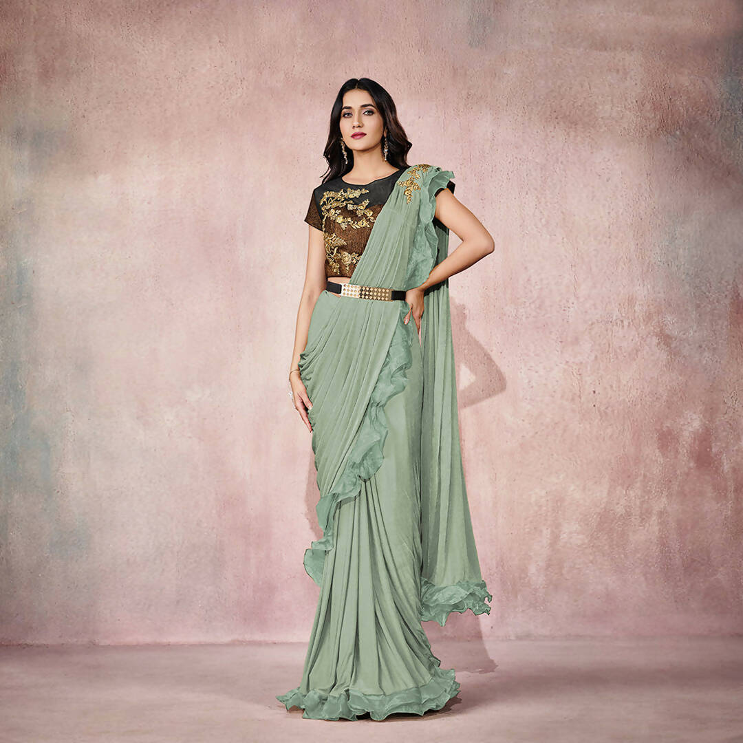 Sea Green Lycra Embroidery Designer Saree With Blouse - Mohmanthan Sitaarah - Distacart
