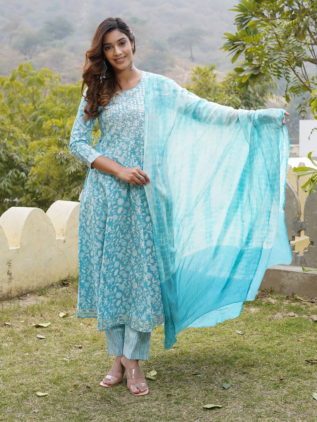 Kalini Floral Printed Regular Mirror Work Pure Cotton Kurta with Trousers & With Dupatta - Distacart