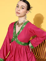 Thumbnail for InWeave Women's Fuchsia Green Brocade Mughal Shaan Kurta Palazzo Set - Distacart