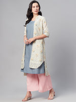 Thumbnail for Biba Women Blue & Yellow Solid Kurta with Ethnic Jacket - Distacart
